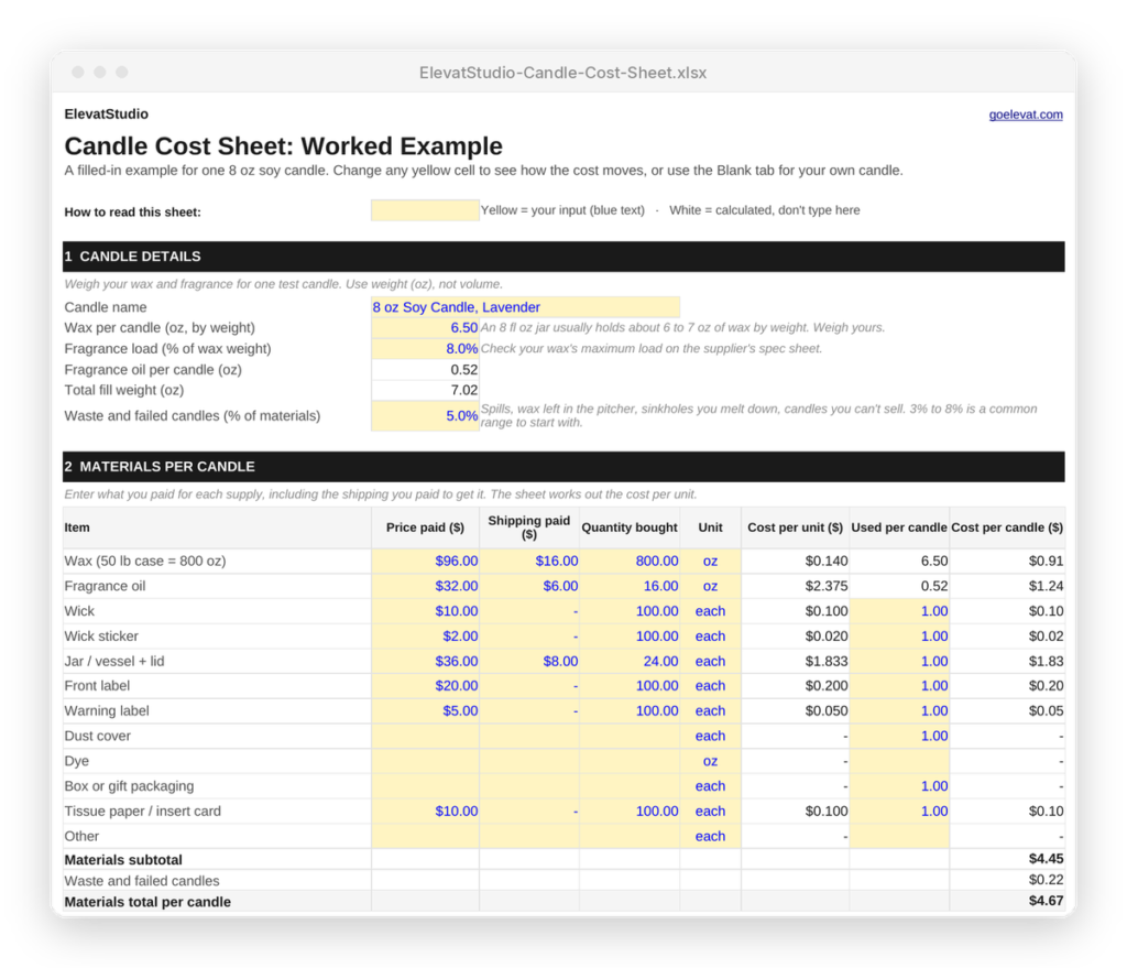 How to price candles with the free Candle Cost Sheet: spreadsheet preview with a worked example for an 8 oz soy candle