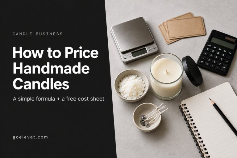 How to Price Handmade Candles: a white soy candle with a scale, calculator, and labels next to the headline.