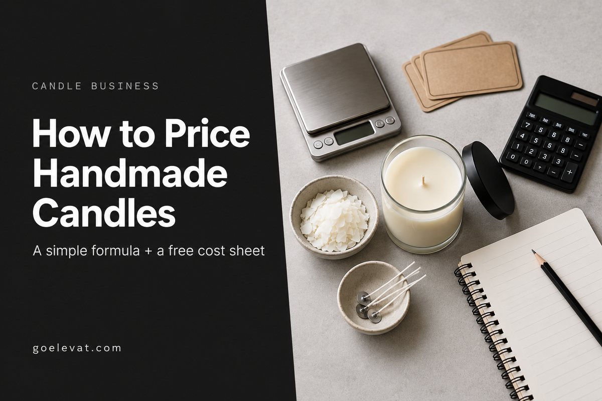 How to Price Handmade Candles: a white soy candle with a scale, calculator, and labels next to the headline.