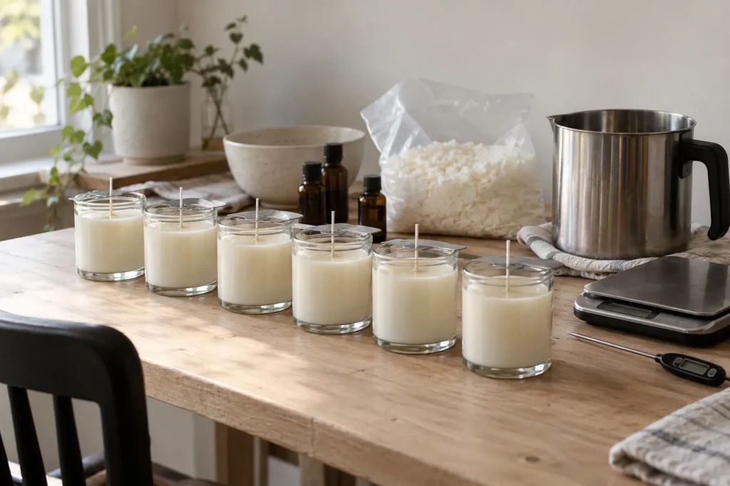 Freshly poured soy candles cooling on a kitchen table with candle-making supplies, an early step in how to start a candle business