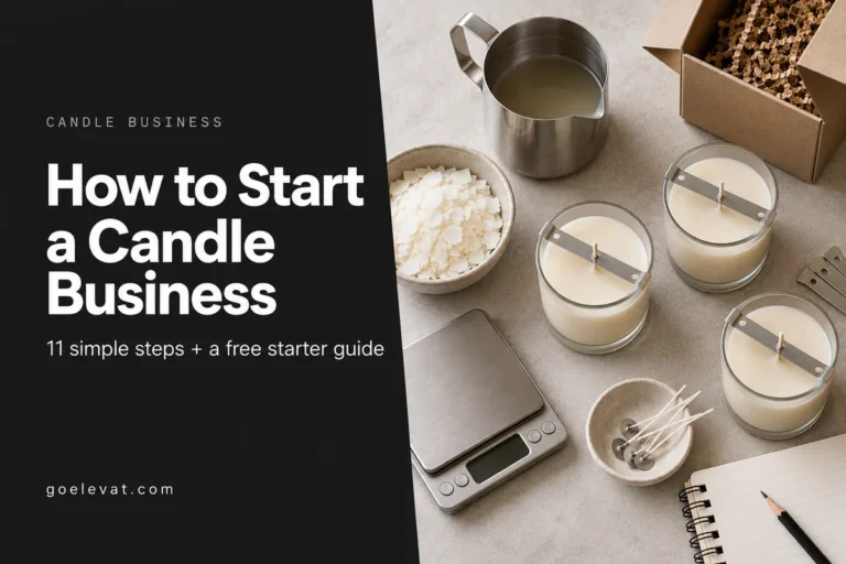 Candle-making supplies on a stone surface, including freshly poured soy candles, wax flakes, a pouring pitcher and a kitchen scale, for a guide on how to start a candle business